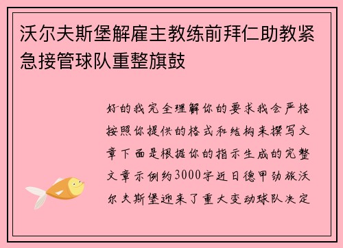 沃尔夫斯堡解雇主教练前拜仁助教紧急接管球队重整旗鼓