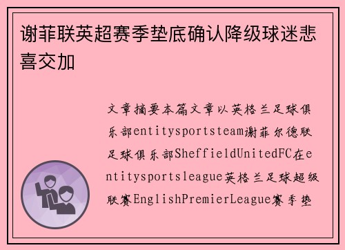 谢菲联英超赛季垫底确认降级球迷悲喜交加