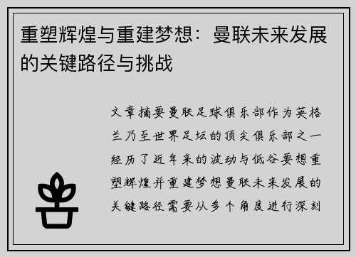 重塑辉煌与重建梦想：曼联未来发展的关键路径与挑战